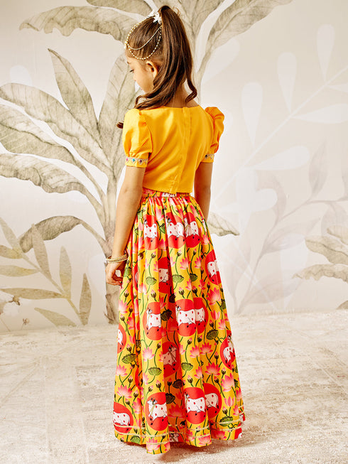 Girl's Mustard & Red Animal Print Lehenga Set